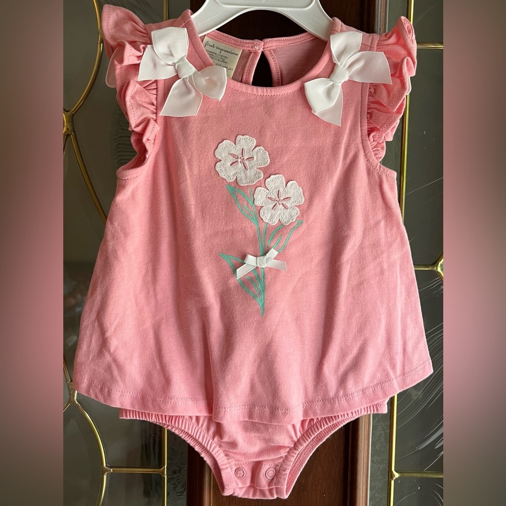 NWT First Impressions Bows & Flower Appliqués Onesie Dress Baby Girl Size 6-9M